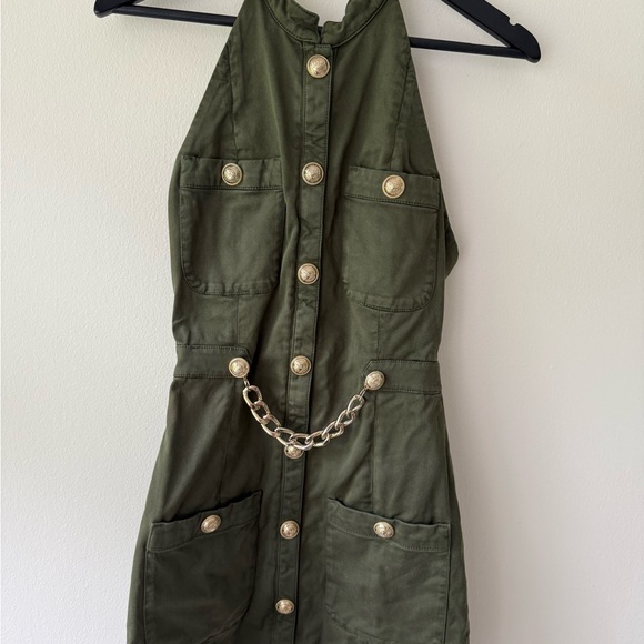 Balmain authentic military green halter mini dress with gold accents. Size Fr 36 - Picture 2 of 12